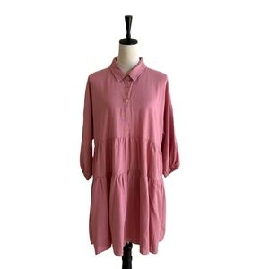 Umgee Pink Tiered Long Sleeve Linen Blend Relaxed Fit Mini Dress Size Large